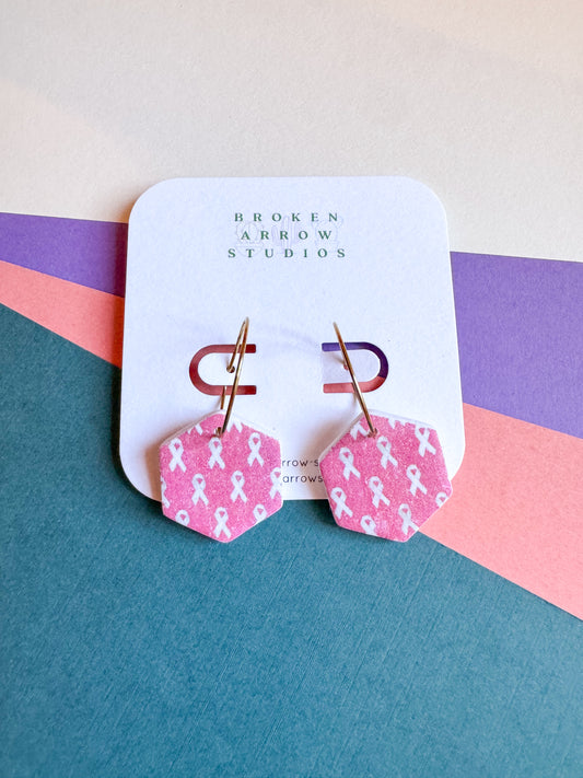 Breast Cancer Ribbon Hexagon Hoops