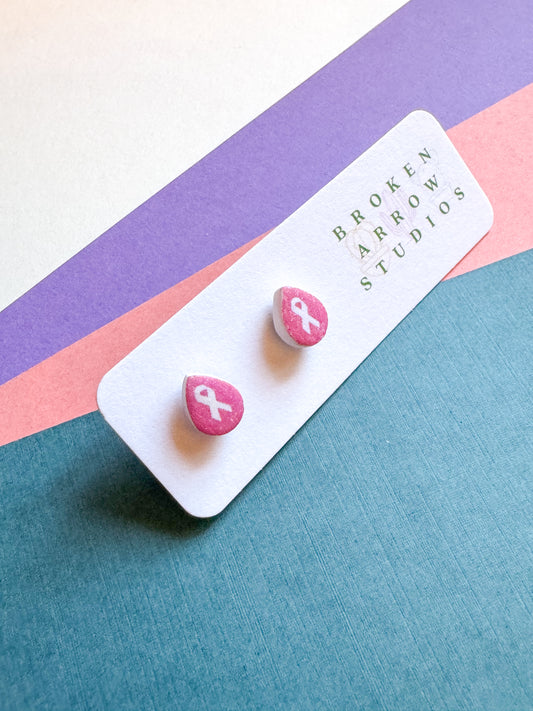 Breast Cancer Ribbon Teardrop Studs