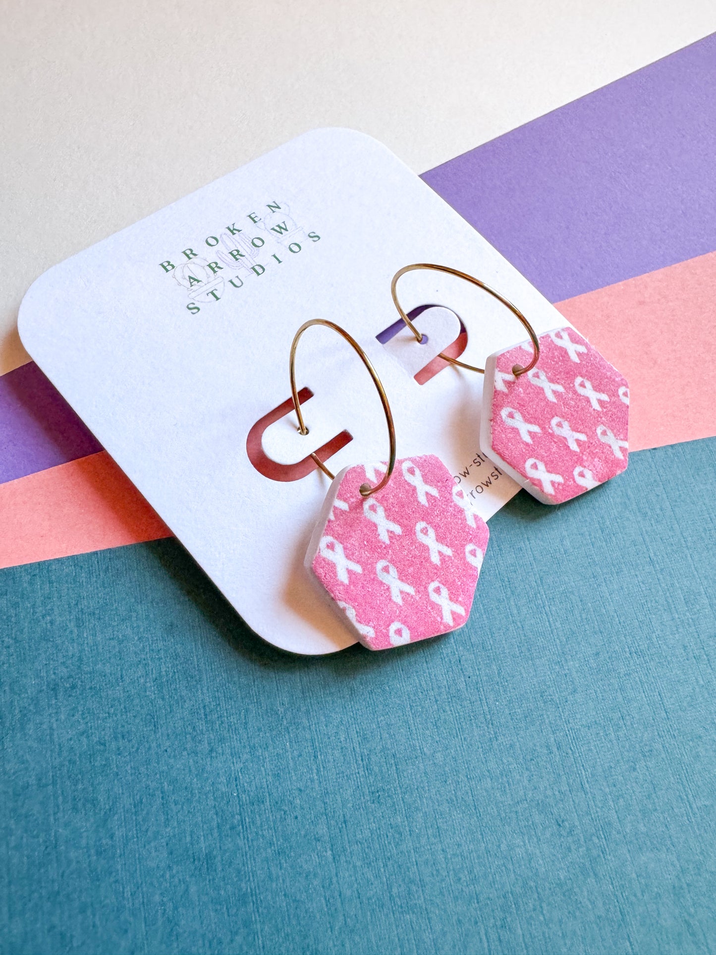 Breast Cancer Ribbon Hexagon Hoops