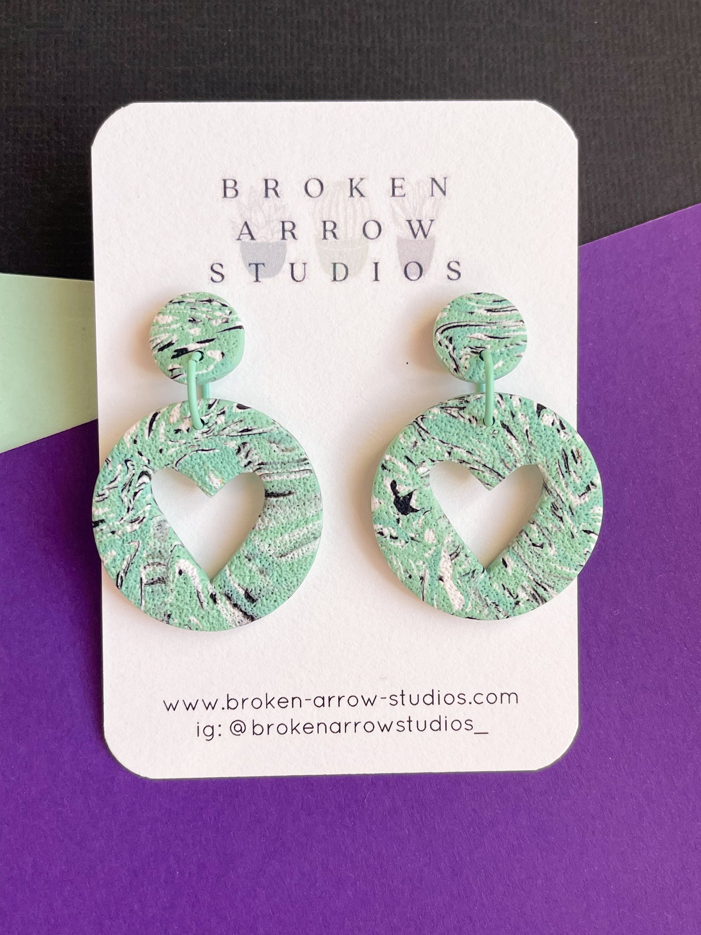 Mint Marble Heart Cutout Dangles