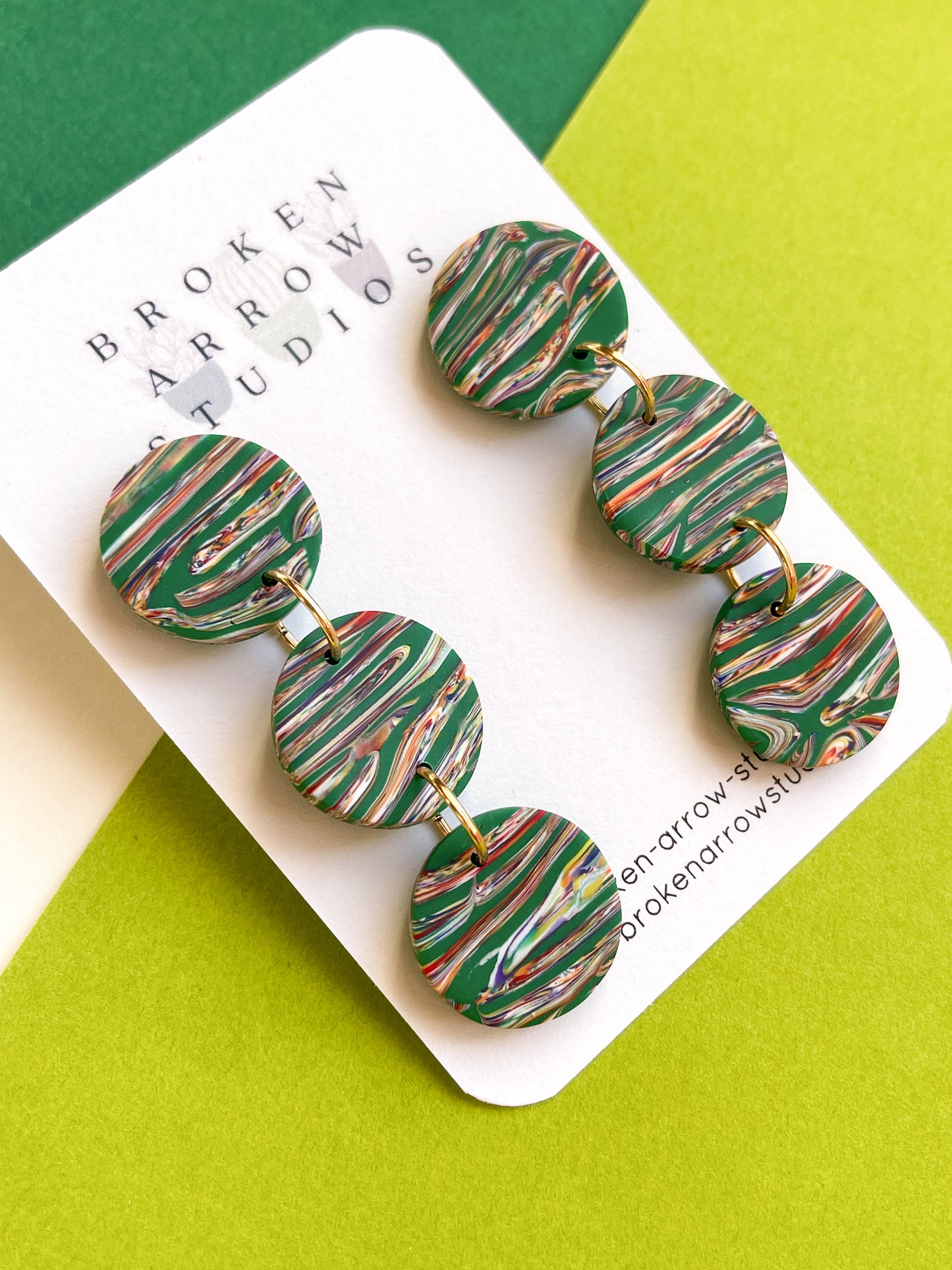 Green Scrap Stripe Triple Circle Dangles