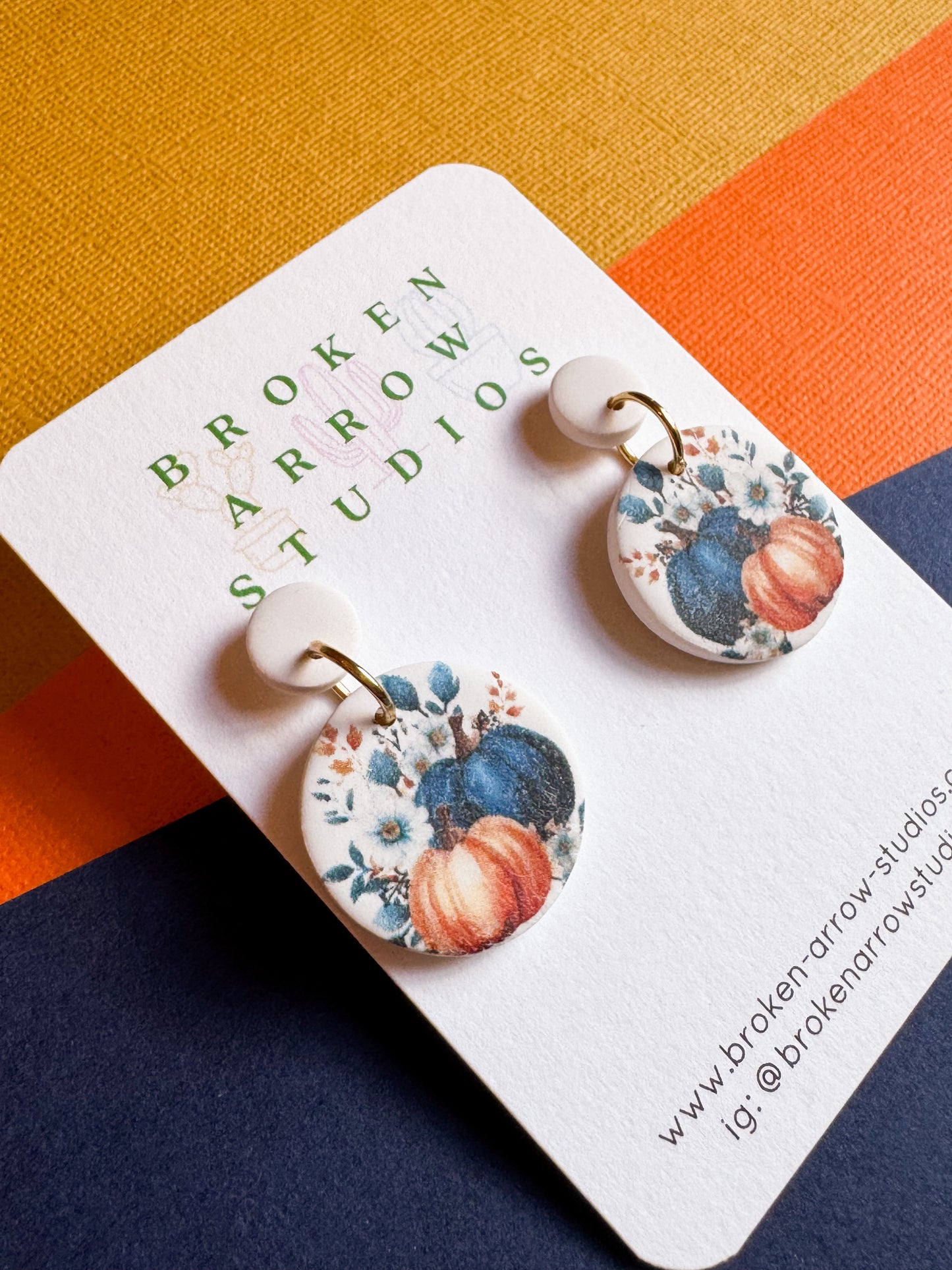 Blue/Orange Pumpkin Circle Dangles (clay post)