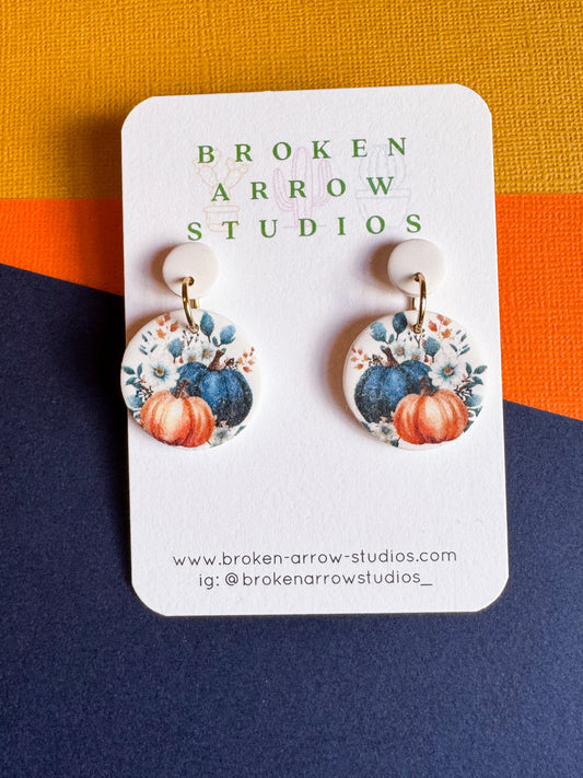 Blue/Orange Pumpkin Circle Dangles (clay post)