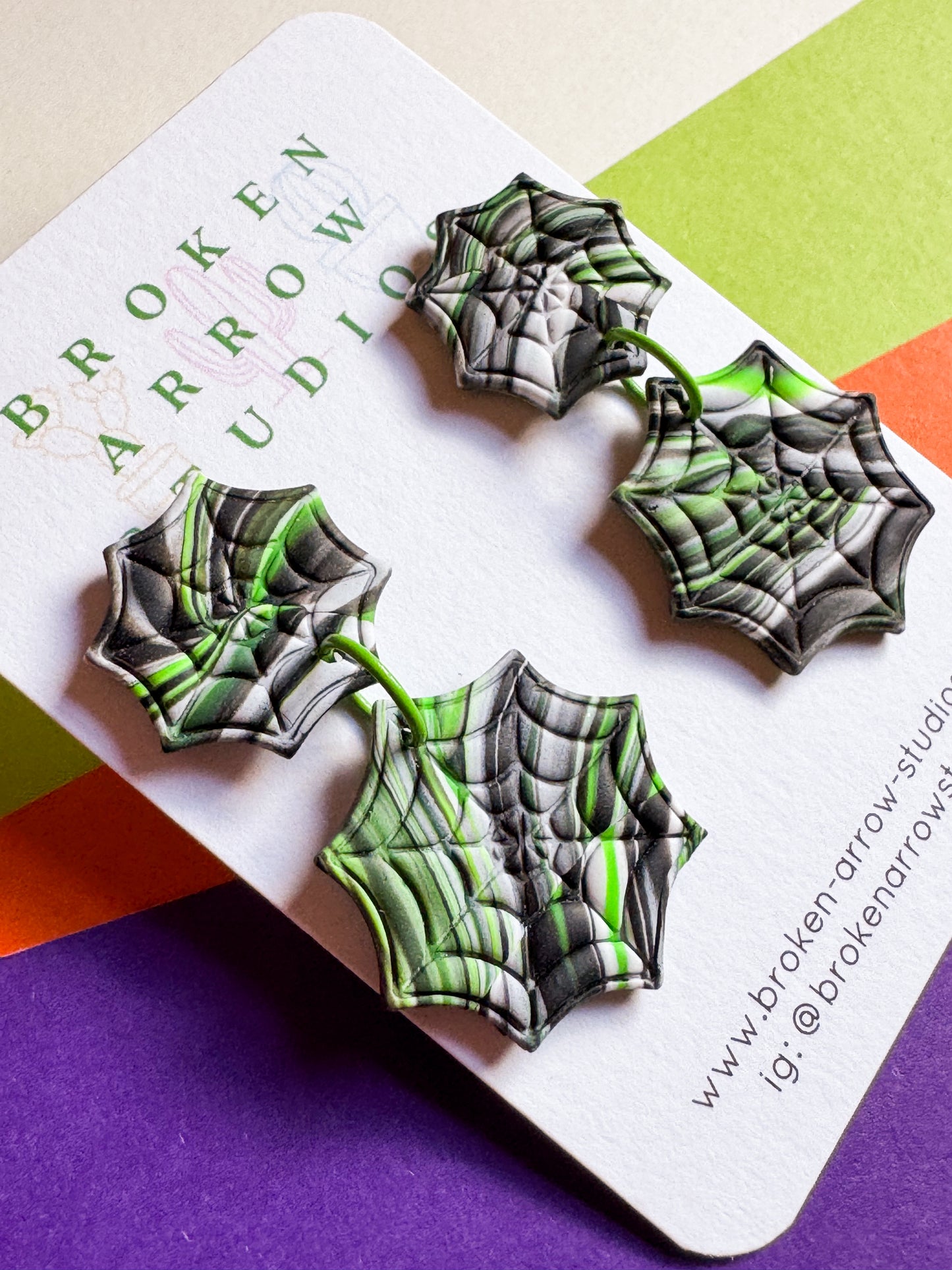 Green/Black Swirled Spider Web Dangles