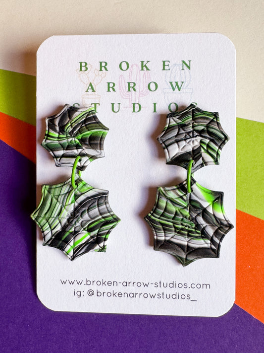 Green/Black Swirled Spider Web Dangles
