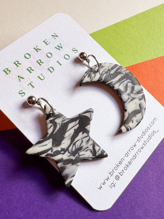 Black and Glow in Dark Star and Moon Dangles