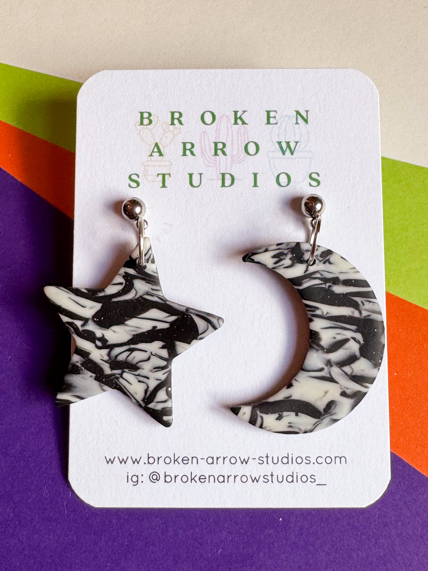 Black and Glow in Dark Star and Moon Dangles